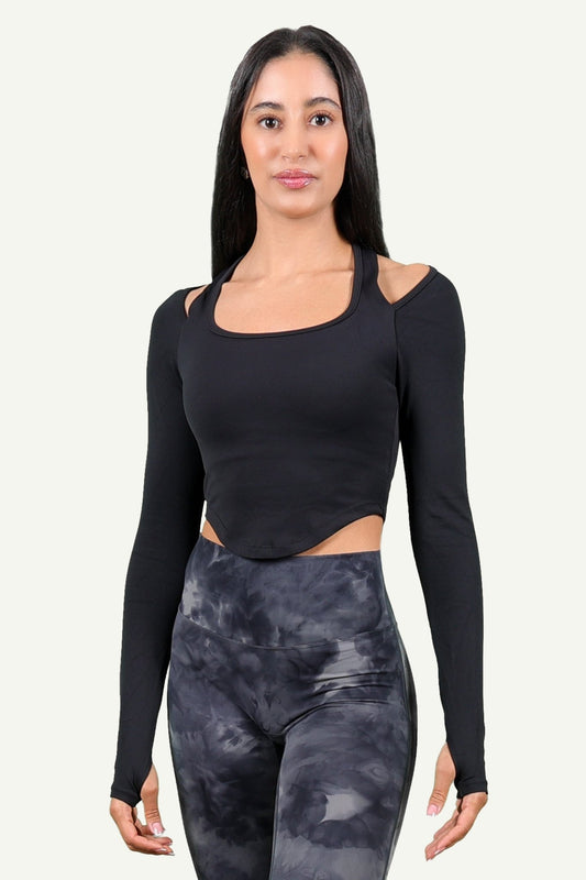 Black Long Sleeve Gym Crop Top for Women - Kre'level